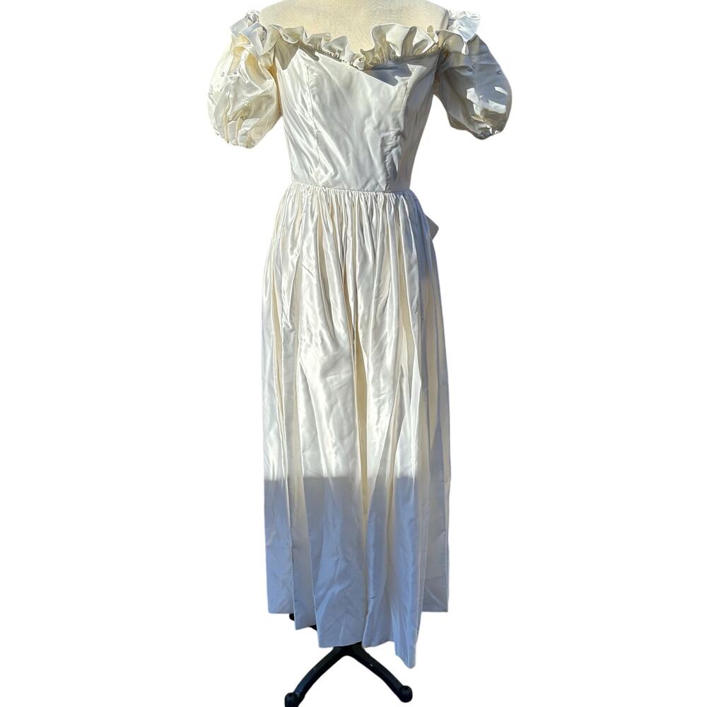 Vintage 1980s Ada Athanassiou Ivory Satin Puff Sleeve Beaded Wedding Dress XXS